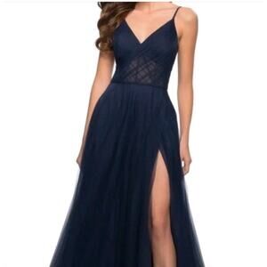 La Femme Formal dress Princess Gown CORSET Navy Blue 14 ethereal Sheer Mesh New